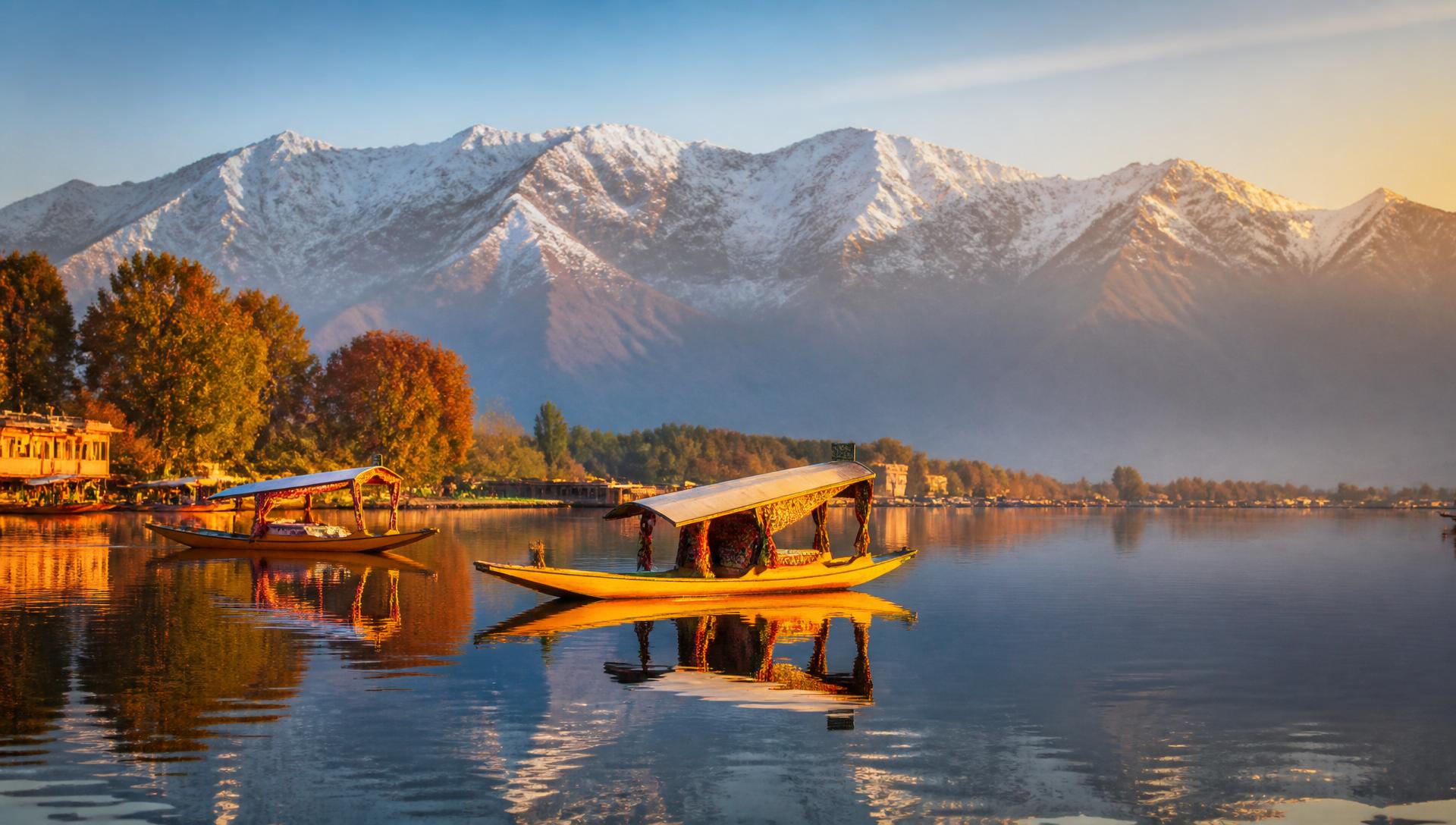Kashmir Dal Lake shikara at sunrise