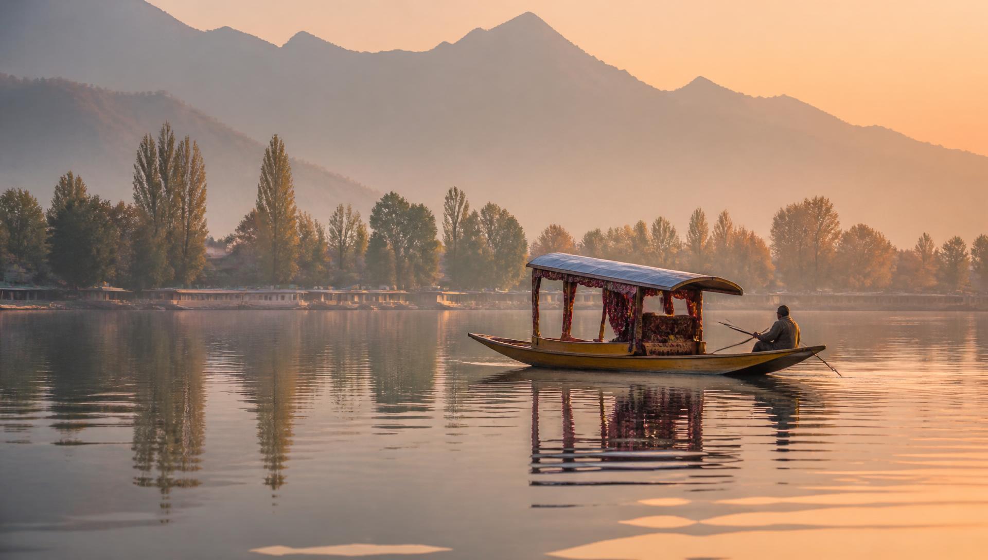 Kashmir Dal Lake shikara at sunrise