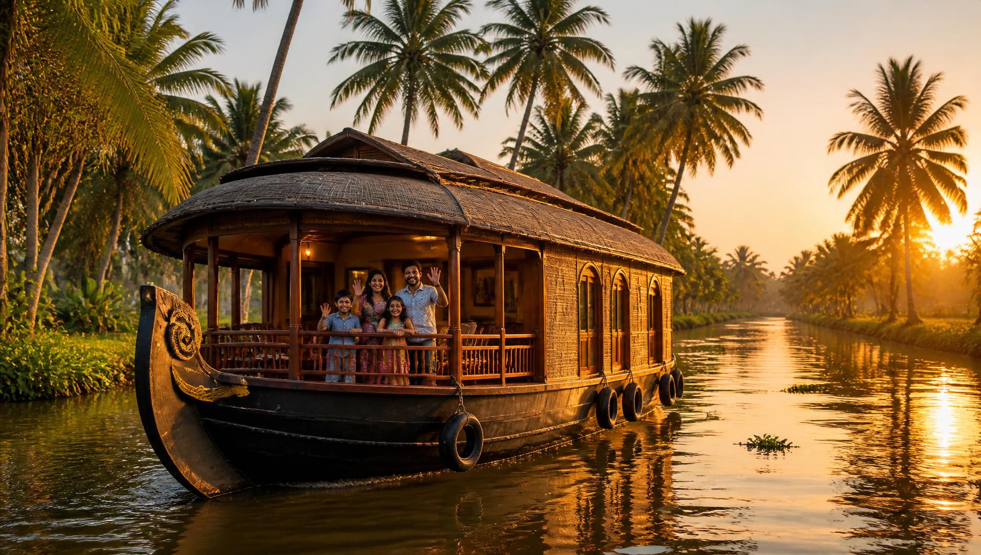 Kerala backwaters houseboat at golden hour